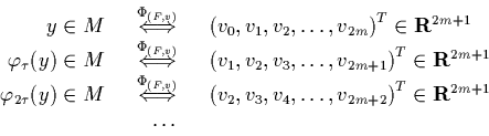 \begin{displaymath}
\begin{array}{rcl}
y \in M \ \ & \stackrel{\Phi_{(F,v)}}{\...
...f R}^{2m+1}
\nonumber\\
& \ldots & \nonumber
\end{array}
\end{displaymath}